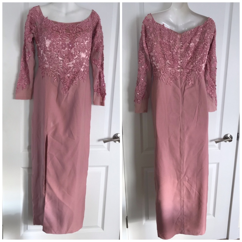 Pink Satin Crepe Long Formal Dress with Embroidered Sheer Sleeves